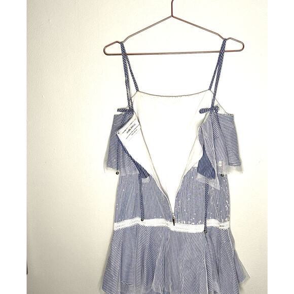 Prabal Gurung Halter Tulle Tiered Midi Maxi Dress Striped Blue Lace Overlay Sz 4 - Picture 6 of 15